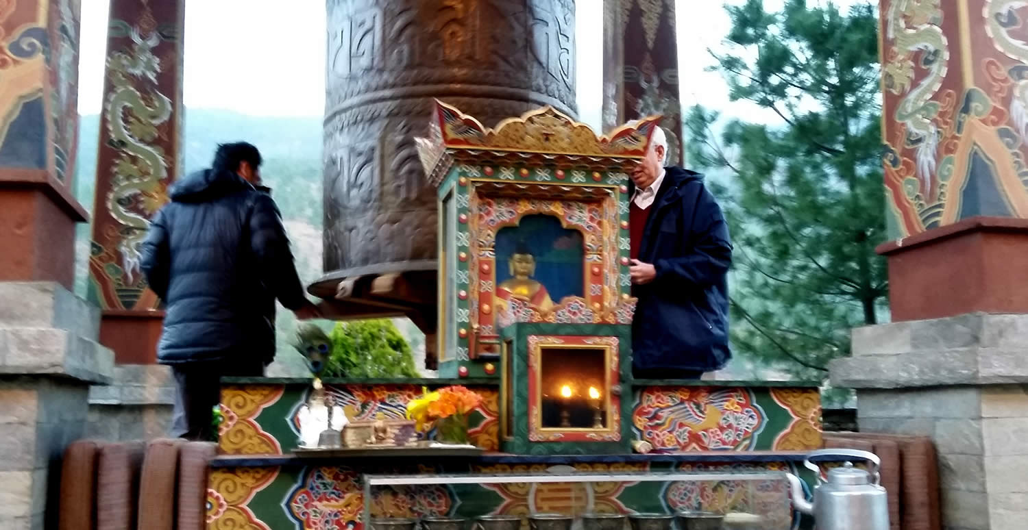 Prayer wheel and shrine in the courtyard of the Taj Hotel in Thimphu.