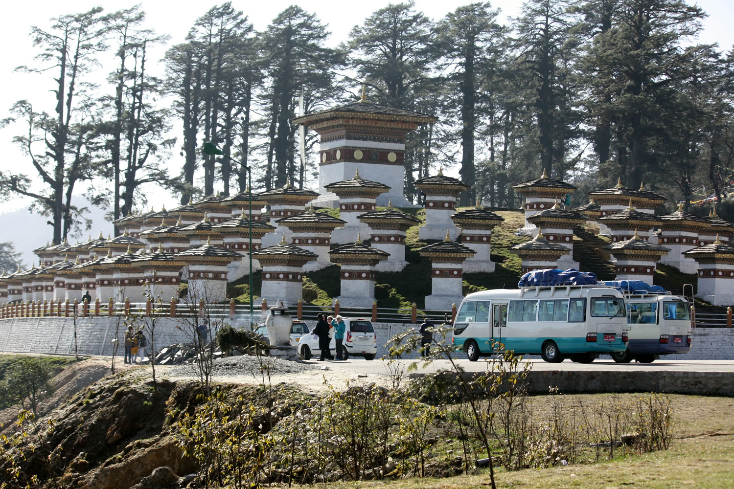 Some of the 108 chotens at Dochula Pass built as a memorial to Bhutanese soldiers.