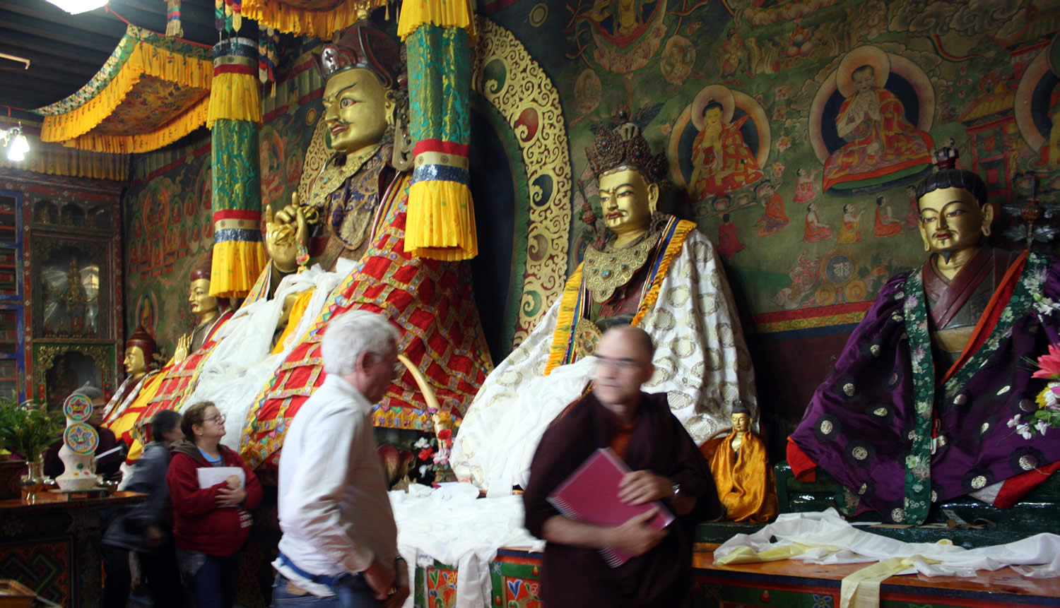 Tharpaling Monastery shrine room includes statues of Guru Rinpoche, Longchenpa and Pema Lingpa.