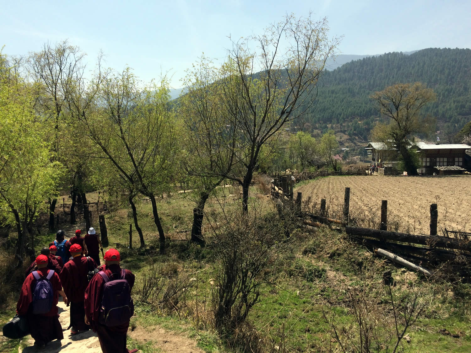 Jetsün Khandro Rinpoche leads the way from Tamshing Lhakhang to Kenchogsum Lhakhang.
