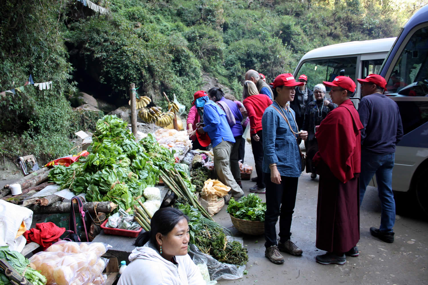 Passengers are delighted to stretch their legs and shop at an all-organic roadside market.