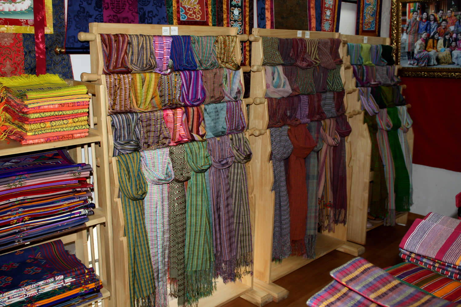 Display of Bhutanese textiles. Weaving is considered one of the 7 great crafts of Bhutan.